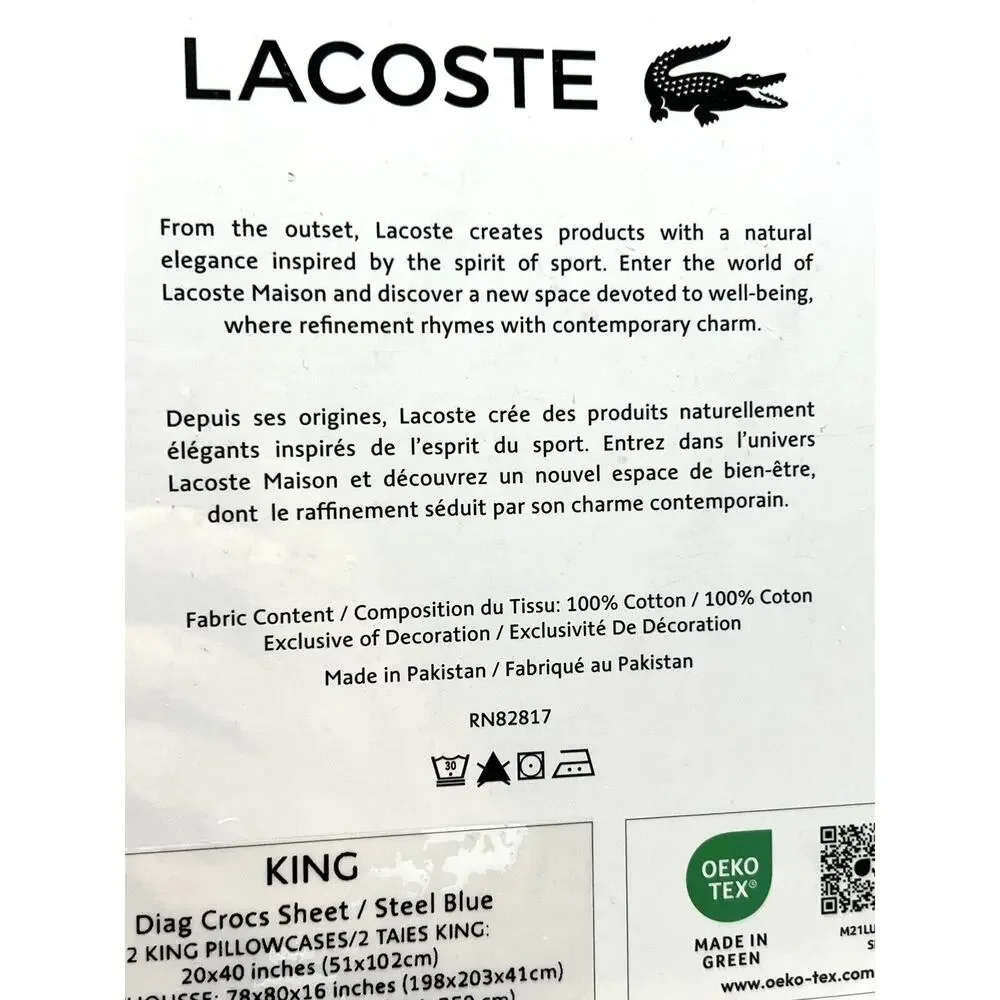Lacoste Crocodile Logo KING Sheet Set White Blue 100% Cotton Percale Alligator